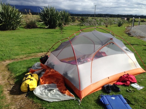Our tent at Haast beach - just minutes before the deluge began. 